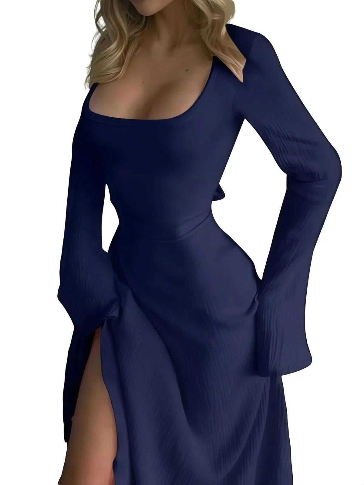 Solid Plain Lace Up Tie Back Square Neck Flounce Sleeve A-line Dress, Ladies Fall & Winter Clothes