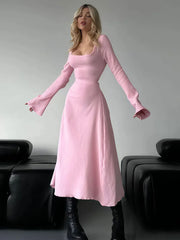 Solid Plain Lace Up Tie Back Square Neck Flounce Sleeve A-line Dress, Ladies Fall & Winter Clothes