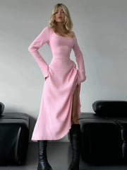 Solid Plain Lace Up Tie Back Square Neck Flounce Sleeve A-line Dress, Ladies Fall & Winter Clothes
