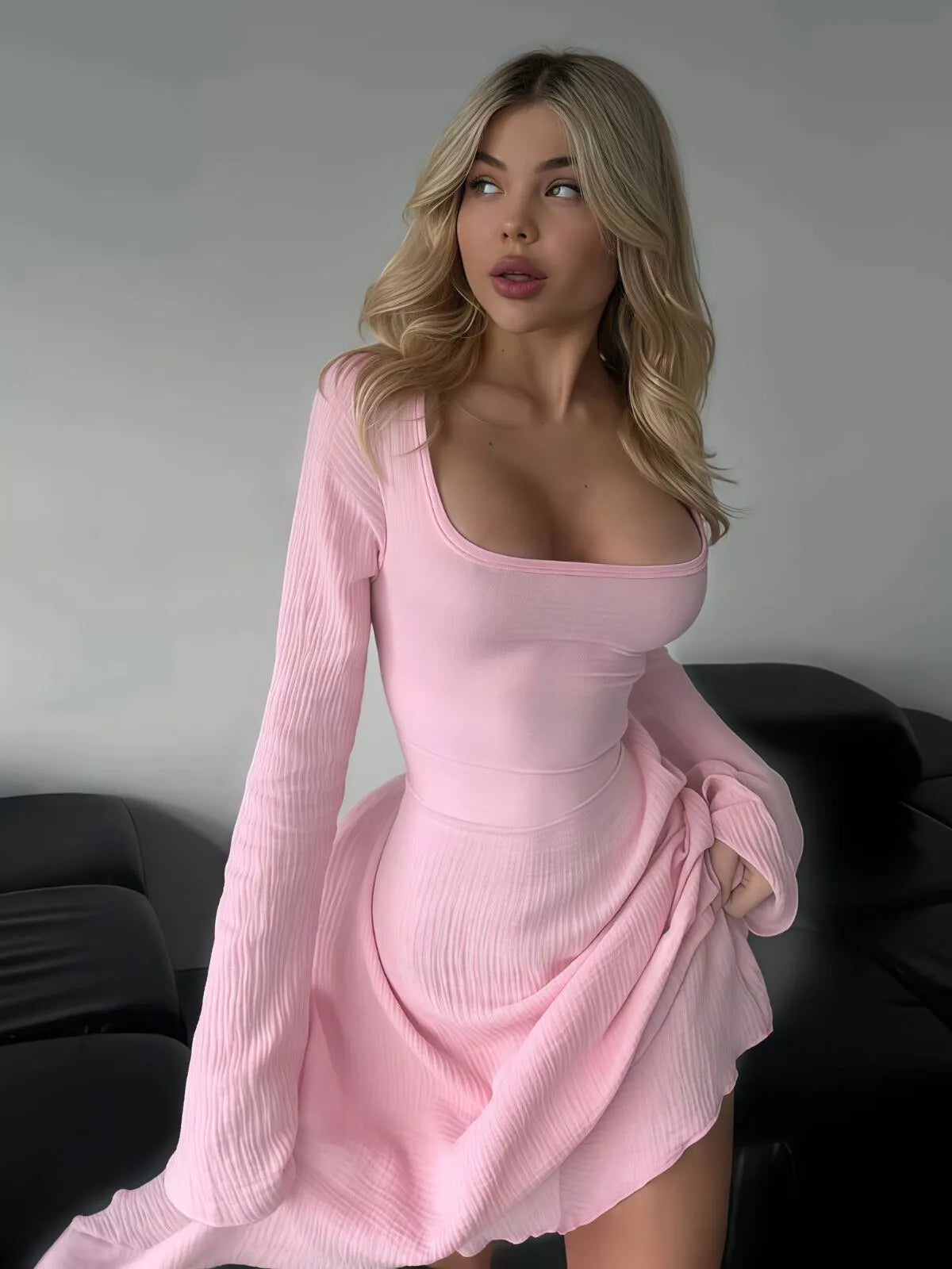 Solid Plain Lace Up Tie Back Square Neck Flounce Sleeve A-line Dress, Ladies Fall & Winter Clothes