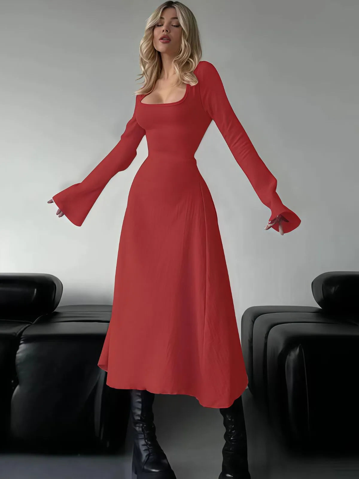 Solid Plain Lace Up Tie Back Square Neck Flounce Sleeve A-line Dress, Ladies Fall & Winter Clothes