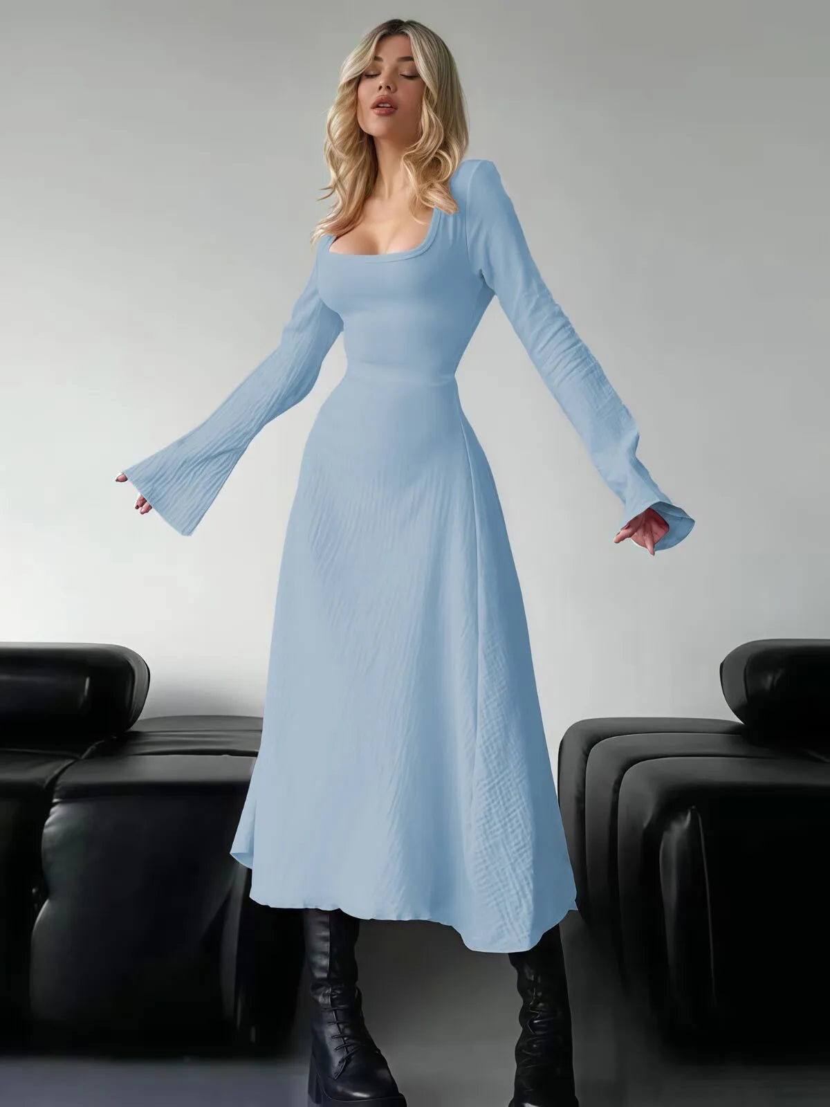 Solid Plain Lace Up Tie Back Square Neck Flounce Sleeve A-line Dress, Ladies Fall & Winter Clothes