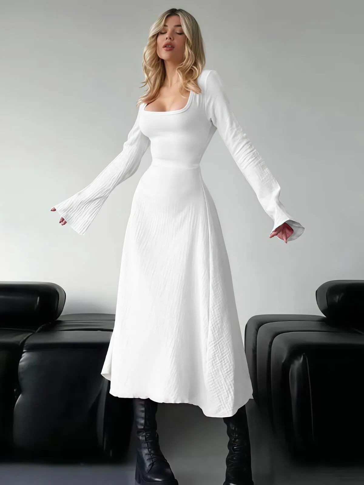 Solid Plain Lace Up Tie Back Square Neck Flounce Sleeve A-line Dress, Ladies Fall & Winter Clothes