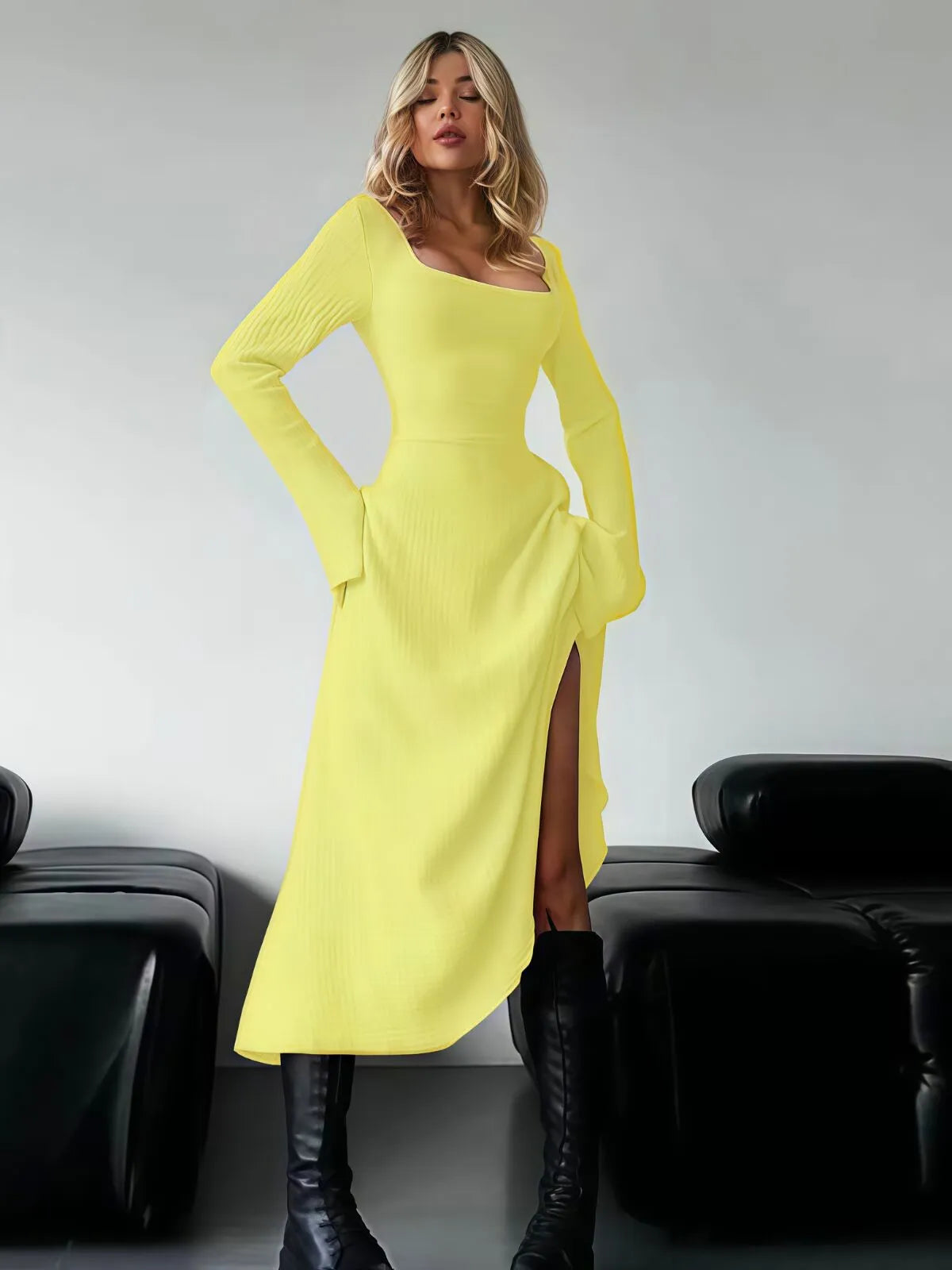 Solid Plain Lace Up Tie Back Square Neck Flounce Sleeve A-line Dress, Ladies Fall & Winter Clothes