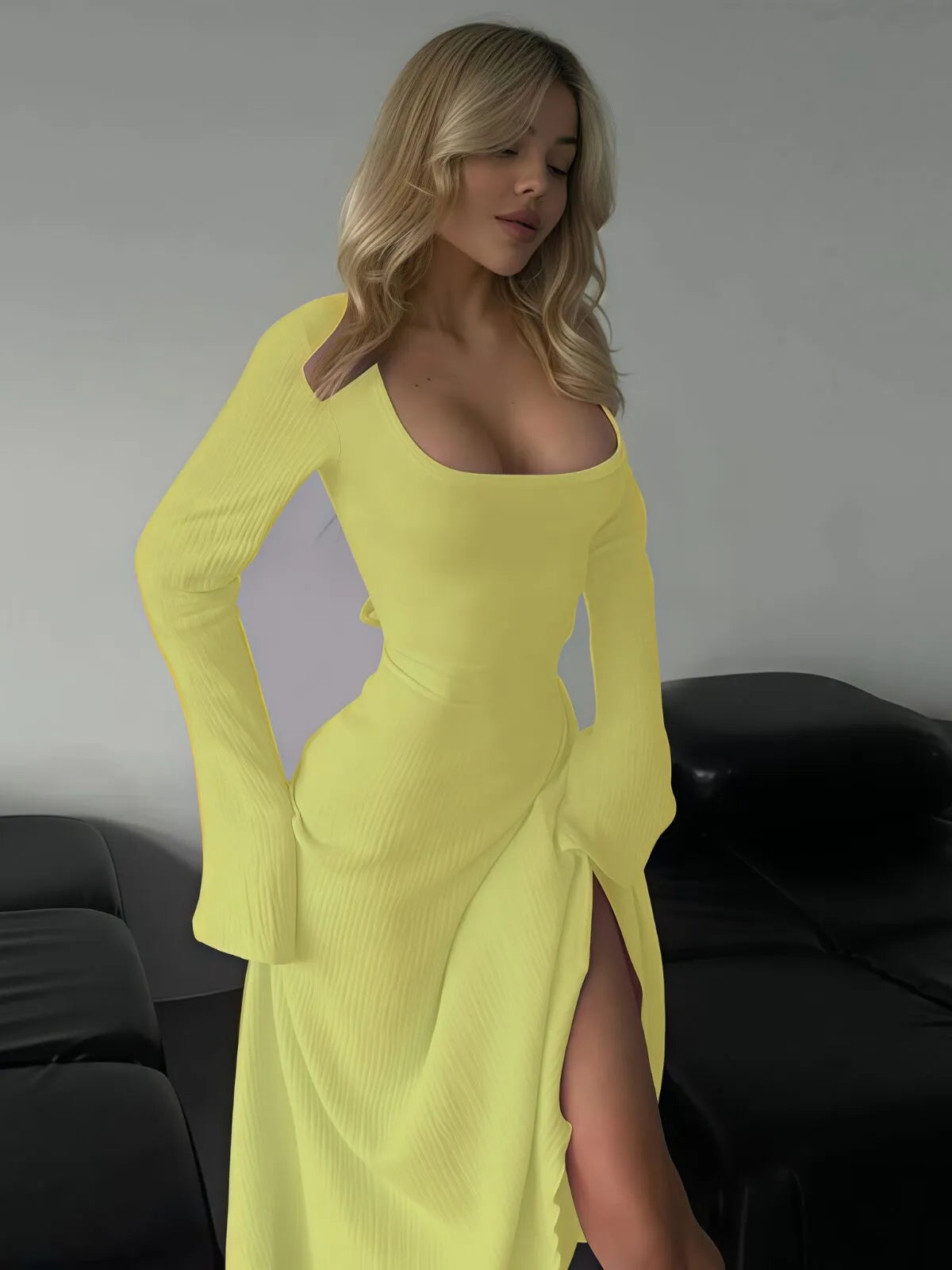 Solid Plain Lace Up Tie Back Square Neck Flounce Sleeve A-line Dress, Ladies Fall & Winter Clothes