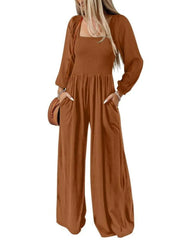Solid Casual Loose With Pockets High Rise Wide Leg Long Jumpsuits
