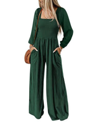 Solid Casual Loose With Pockets High Rise Wide Leg Long Jumpsuits