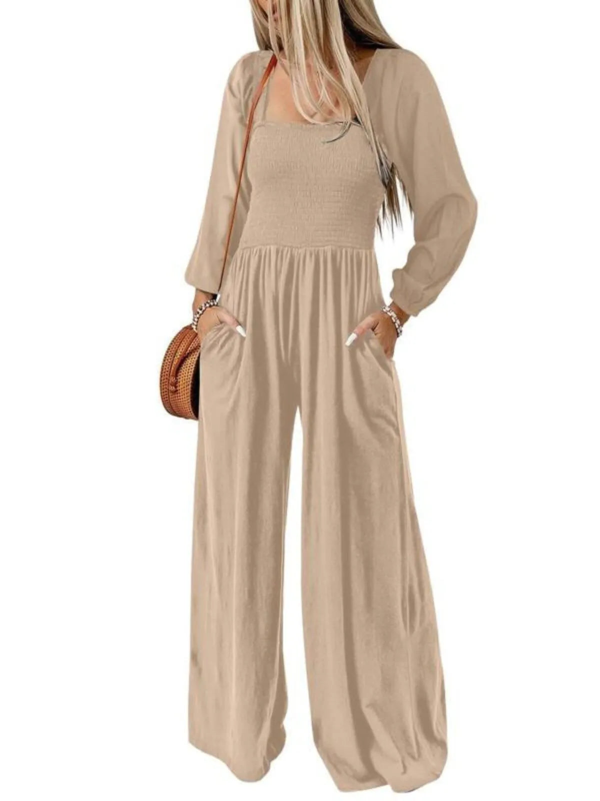 Solid Casual Loose With Pockets High Rise Wide Leg Long Jumpsuits