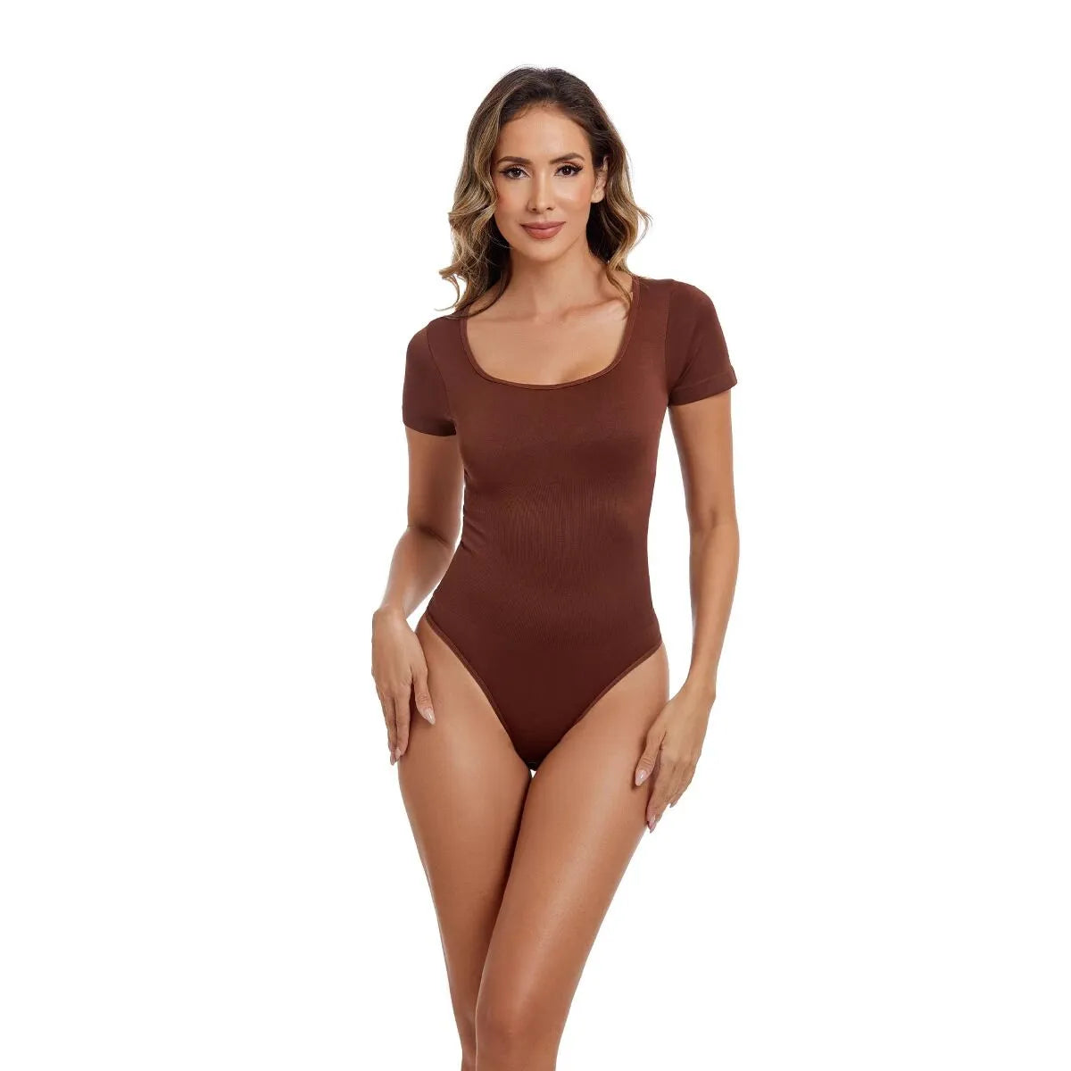 Coffee Solid Square Neck High Rise  Short Sleeve Bodysuits
