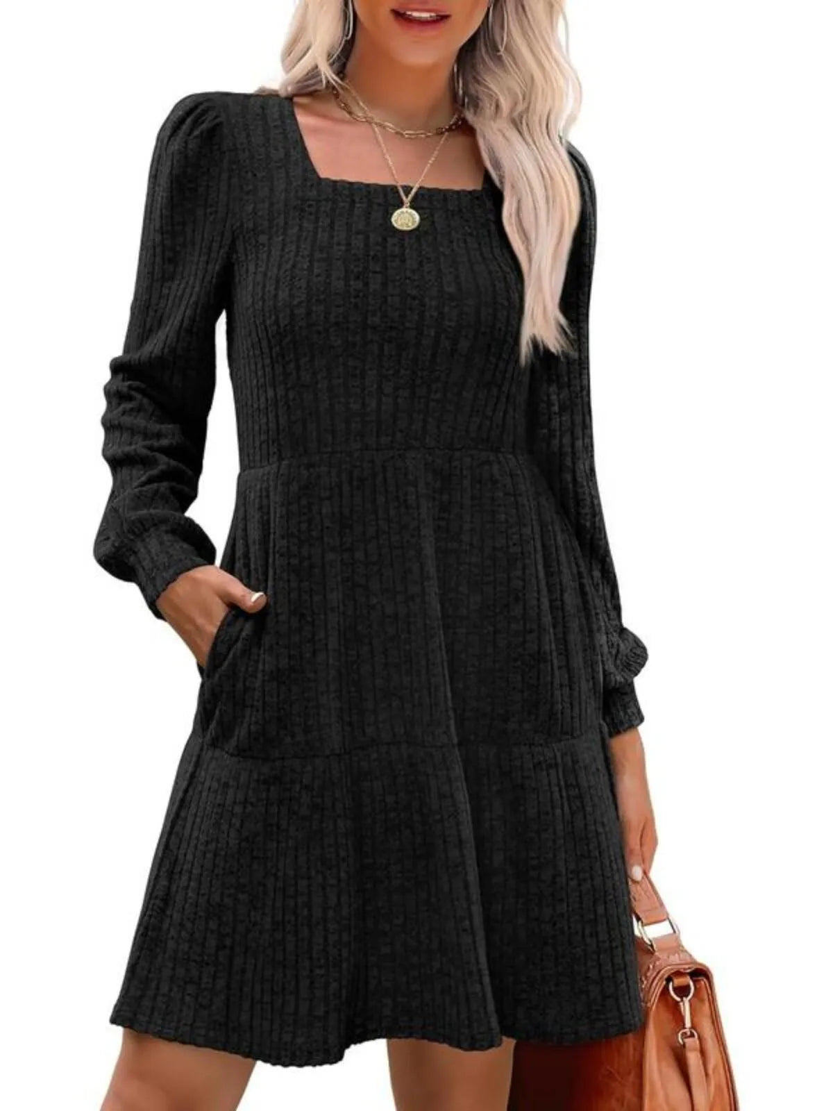 Solid Casual Square Neck Long Sleeve Puff Fall Sweater A-line Dress