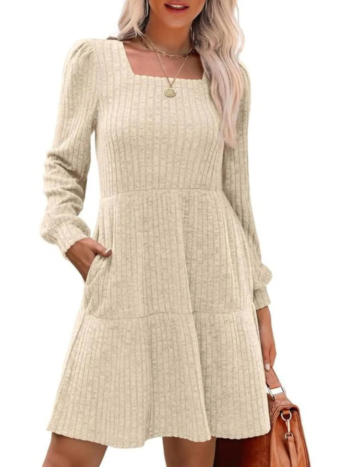 Solid Casual Square Neck Long Sleeve Puff Fall Sweater A-line Dress