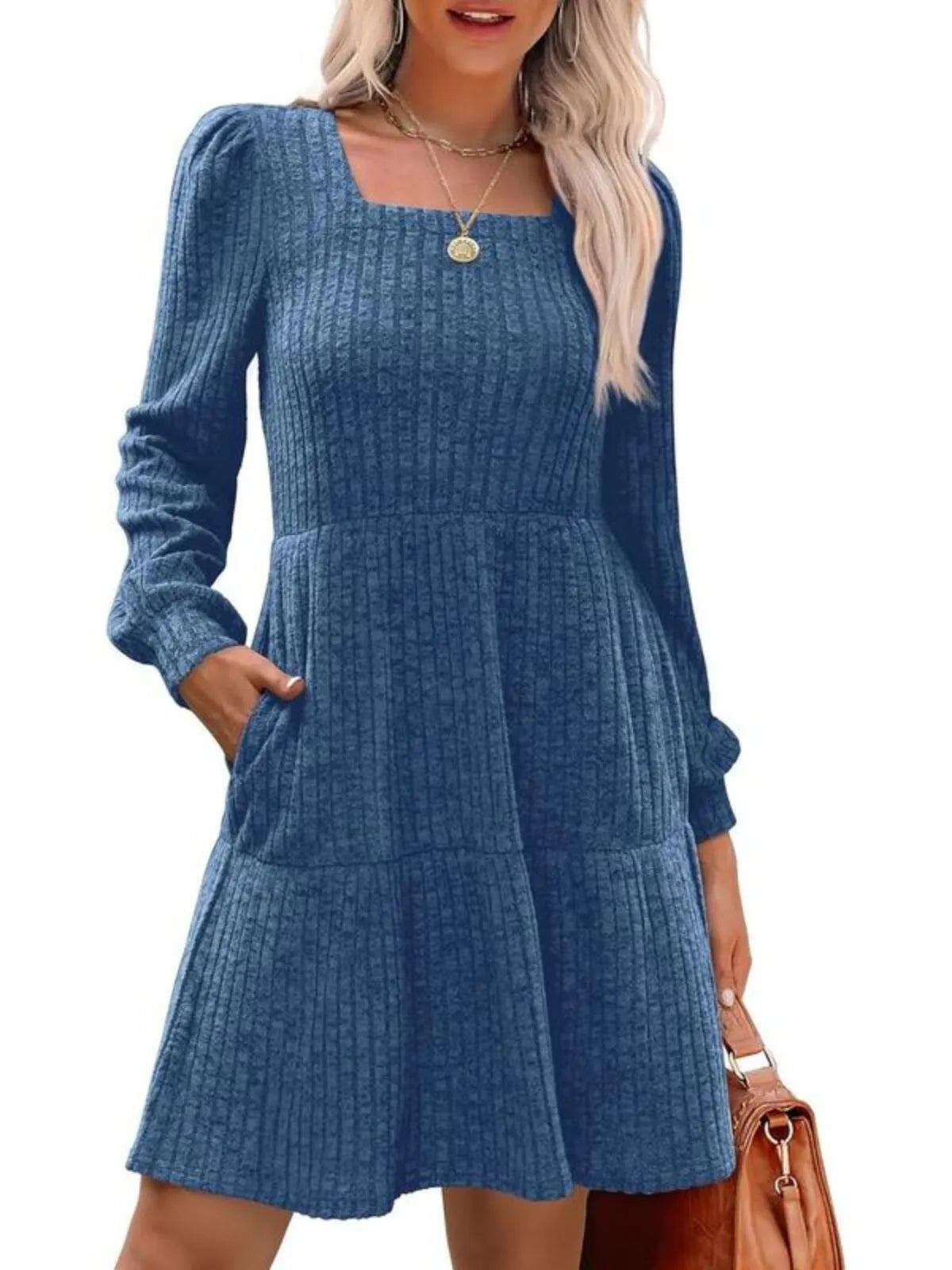 Solid Casual Square Neck Long Sleeve Puff Fall Sweater A-line Dress