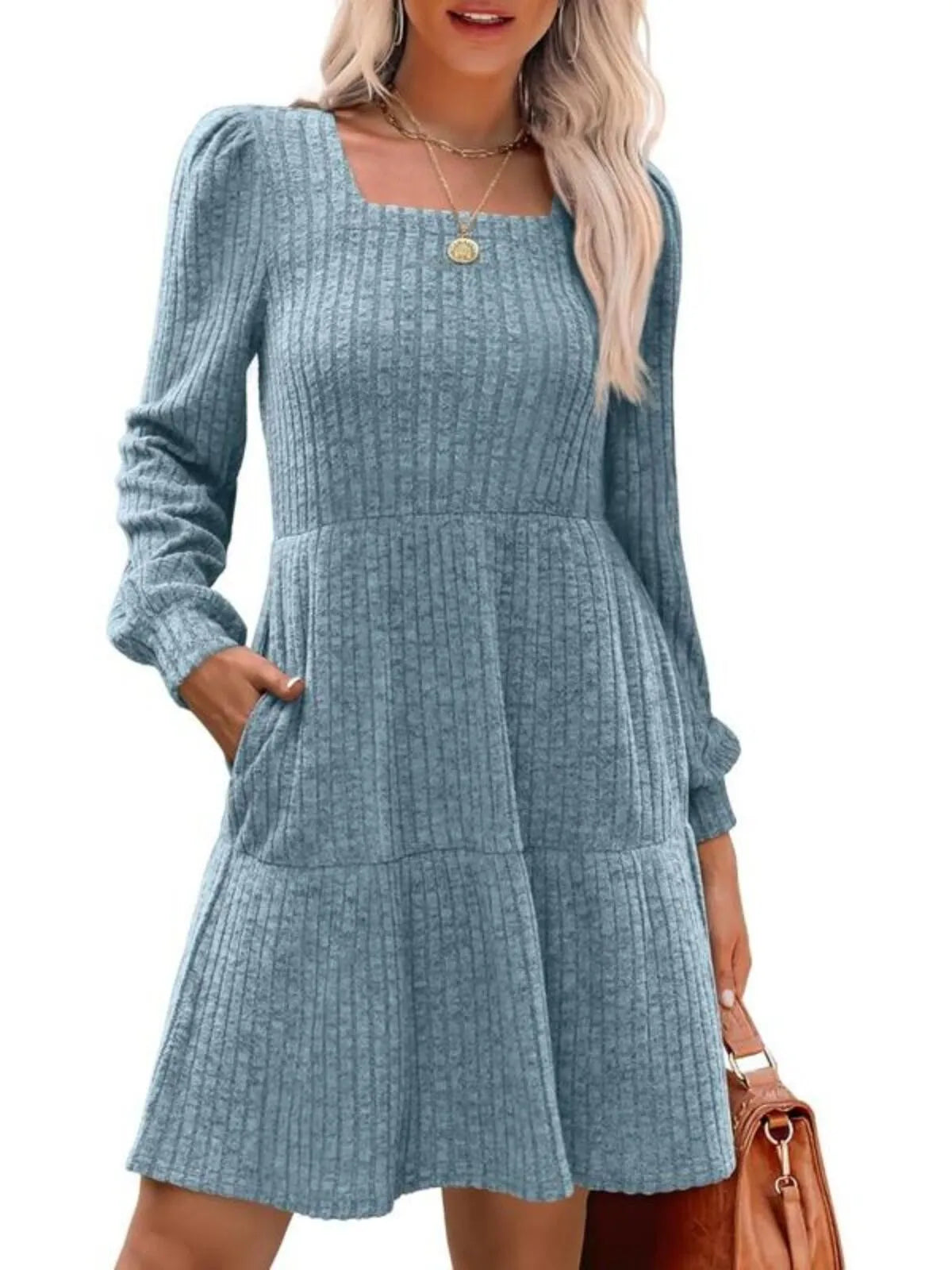Solid Casual Square Neck Long Sleeve Puff Fall Sweater A-line Dress