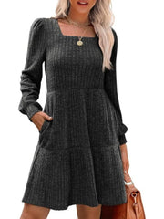 Solid Casual Square Neck Long Sleeve Puff Fall Sweater A-line Dress
