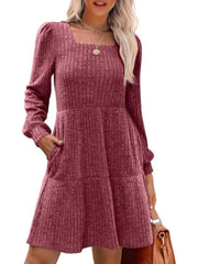 Solid Casual Square Neck Long Sleeve Puff Fall Sweater A-line Dress