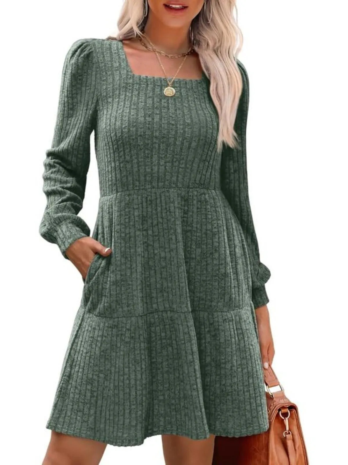 Solid Casual Square Neck Long Sleeve Puff Fall Sweater A-line Dress