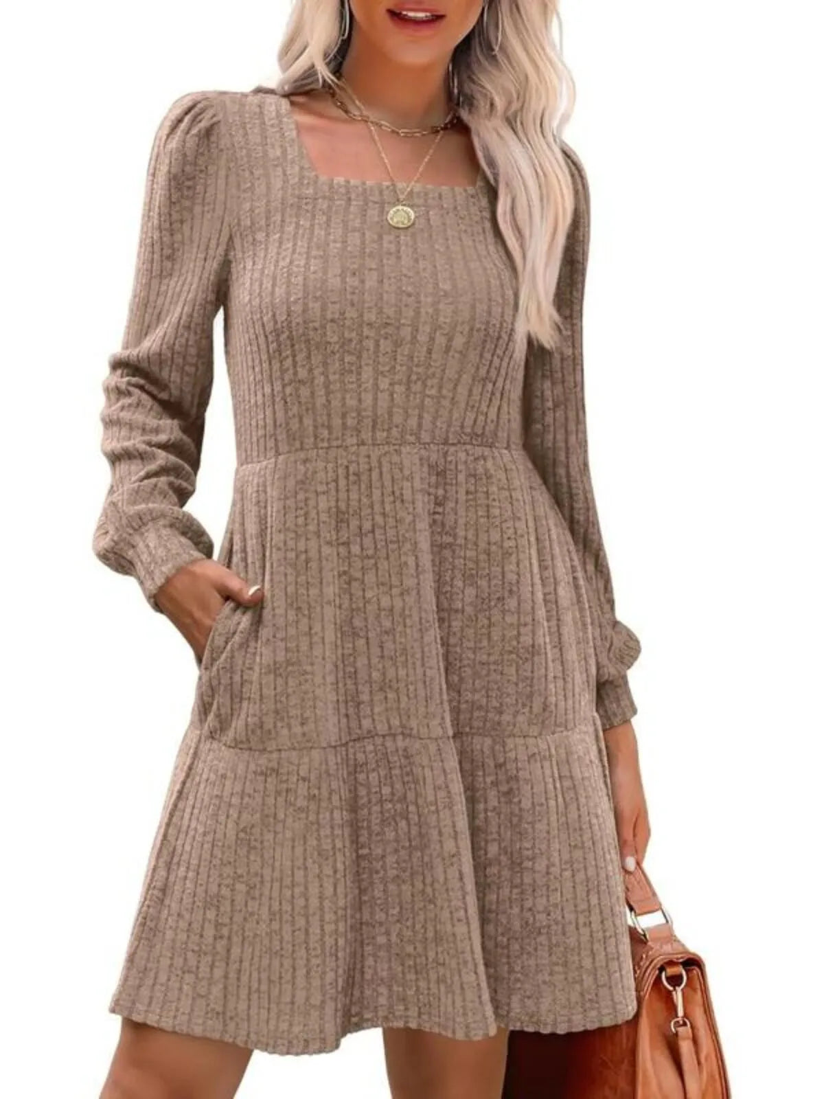 Solid Casual Square Neck Long Sleeve Puff Fall Sweater A-line Dress
