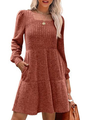 Solid Casual Square Neck Long Sleeve Puff Fall Sweater A-line Dress