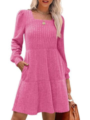 Solid Casual Square Neck Long Sleeve Puff Fall Sweater A-line Dress