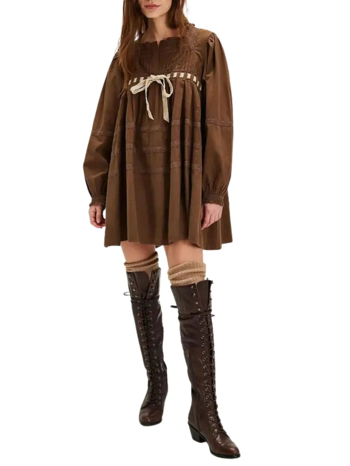 Loose Fall Vintage Long Sleeve Tie-up Patchwork Mini Dress