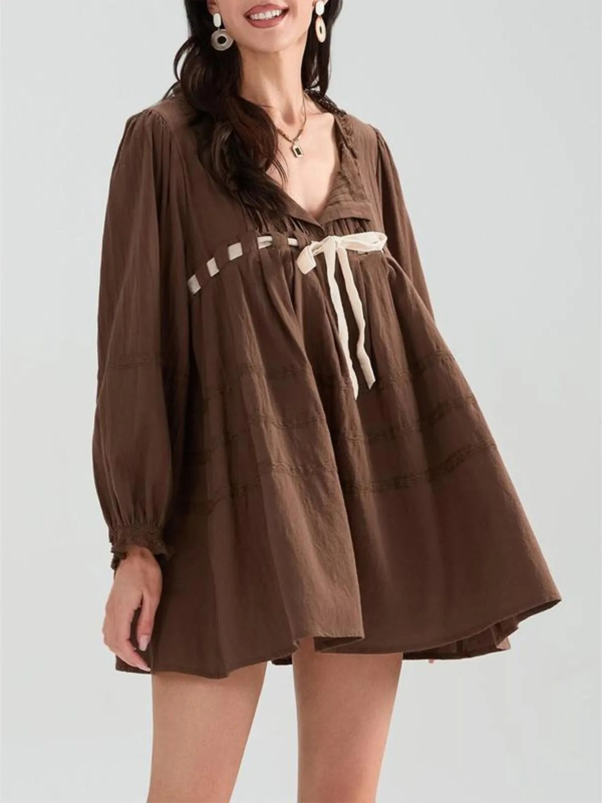 Loose Fall Vintage Long Sleeve Tie-up Patchwork Mini Dress