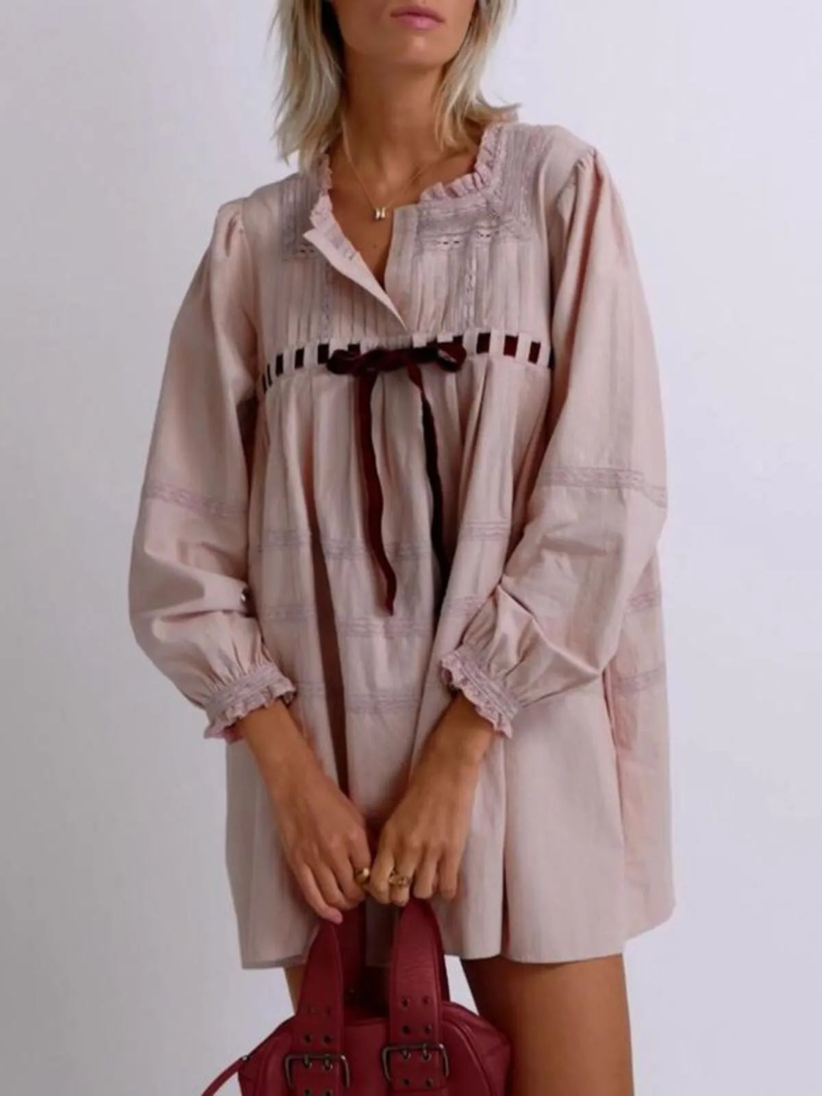 Loose Fall Vintage Long Sleeve Tie-up Patchwork Mini Dress