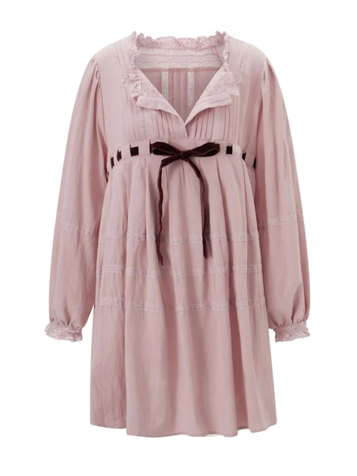 Loose Fall Vintage Long Sleeve Tie-up Patchwork Mini Dress