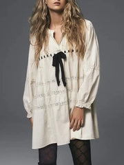 Loose Fall Vintage Long Sleeve Tie-up Patchwork Mini Dress