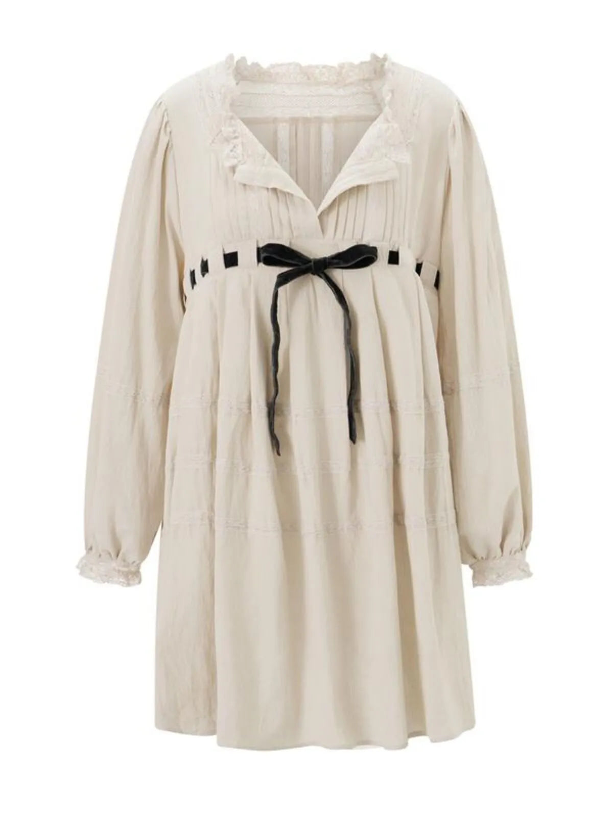 Loose Fall Vintage Long Sleeve Tie-up Patchwork Mini Dress