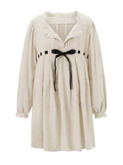 Loose Fall Vintage Long Sleeve Tie-up Patchwork Mini Dress