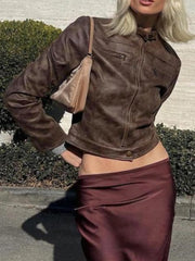 Solid Stand Collar Drop Shoulder Pu Zip Up Leather Outwear Coat Casual Fashionable Jacket