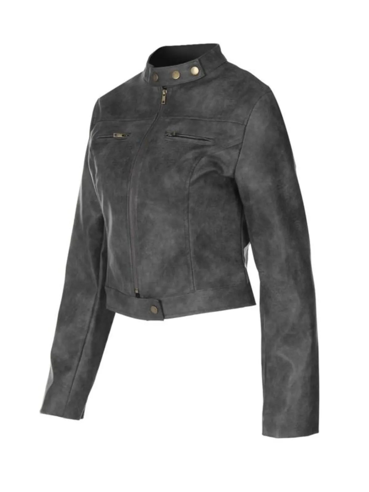 Solid Stand Collar Drop Shoulder Pu Zip Up Leather Outwear Coat Casual Fashionable Jacket