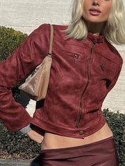 Solid Stand Collar Drop Shoulder Pu Zip Up Leather Outwear Coat Casual Fashionable Jacket