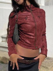 Solid Stand Collar Drop Shoulder Pu Zip Up Leather Outwear Coat Casual Fashionable Jacket