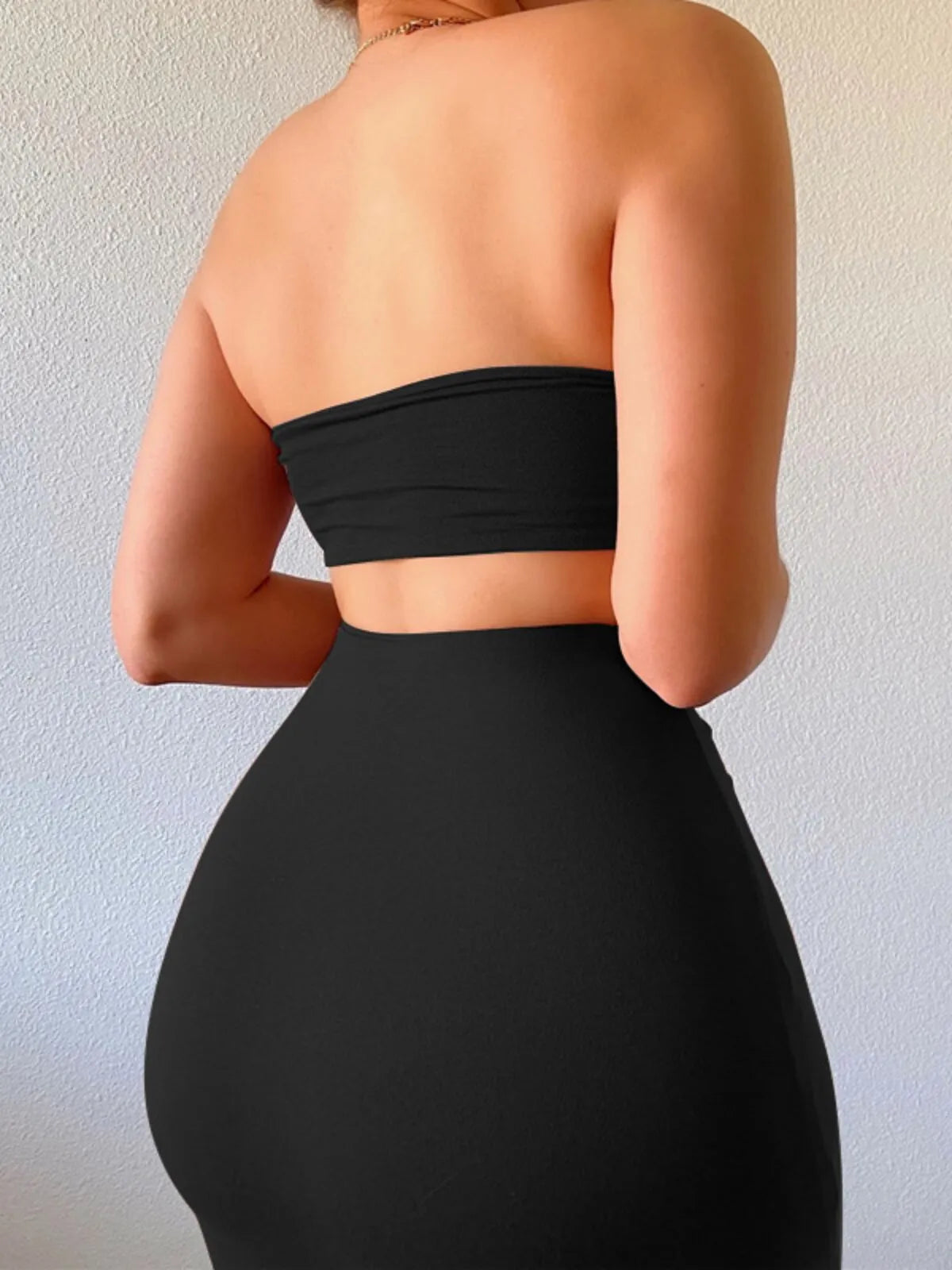 Solid Backless Strapless Crop Tube Bandeau & Solid High Waist Bodycon Skirt for Party Club Dating