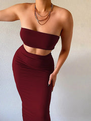 Solid Backless Strapless Crop Tube Bandeau & Solid High Waist Bodycon Skirt for Party Club Dating