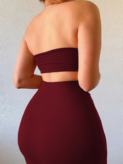 Solid Backless Strapless Crop Tube Bandeau & Solid High Waist Bodycon Skirt for Party Club Dating