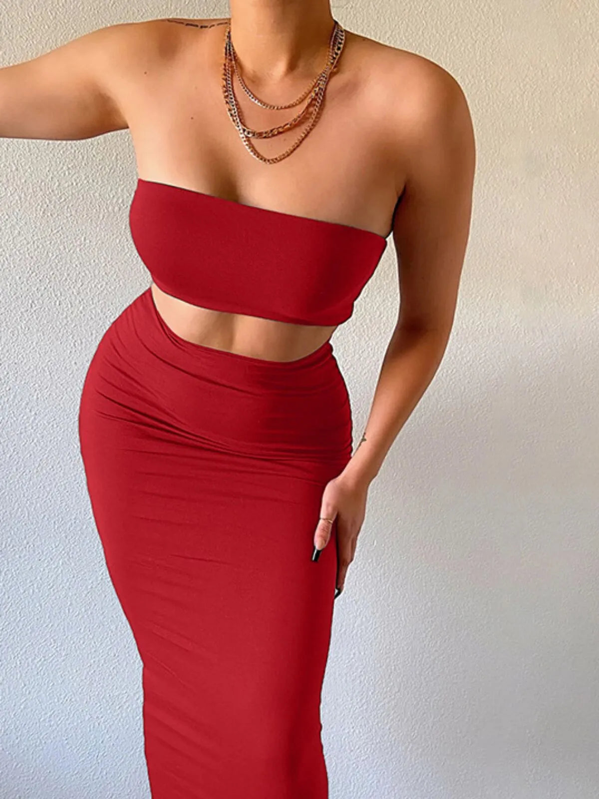 Solid Backless Strapless Crop Tube Bandeau & Solid High Waist Bodycon Skirt for Party Club Dating