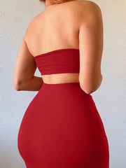 Solid Backless Strapless Crop Tube Bandeau & Solid High Waist Bodycon Skirt for Party Club Dating