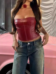 Solid Strapless Leather Crop Top