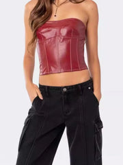 Solid Strapless Leather Crop Top