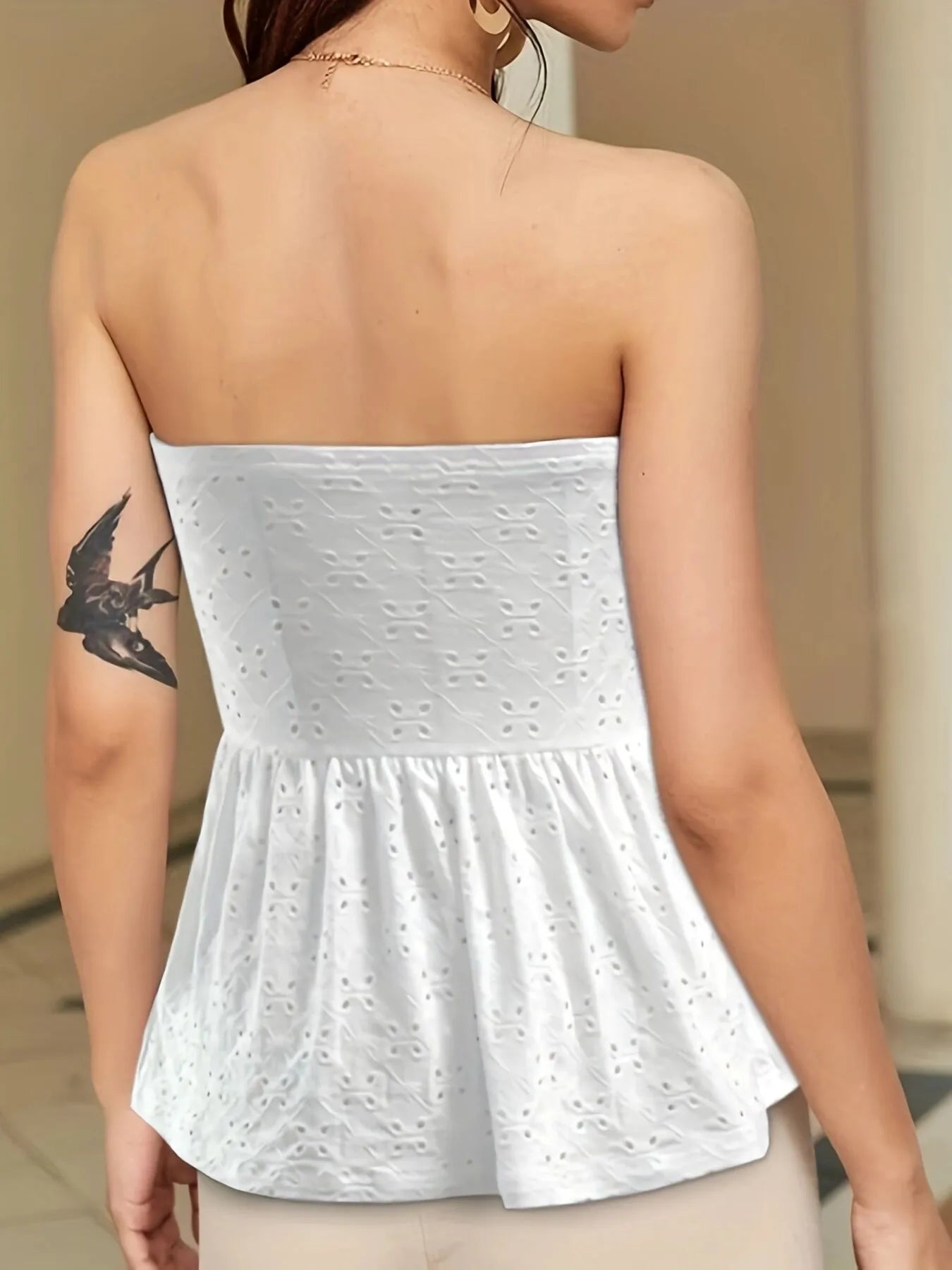 Solid Strapless Pinhole Texture Pleated Cami A-Line Strapless Top