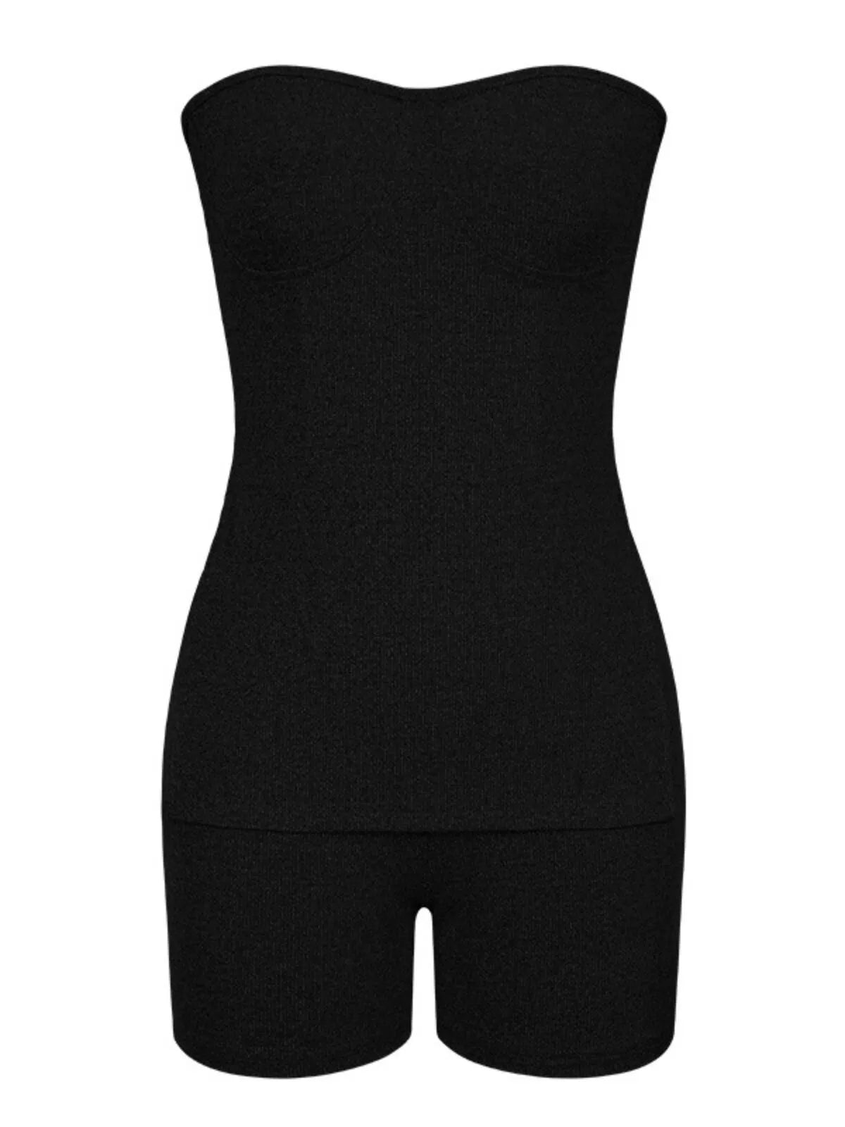 Solid Strapless Slit Top & Solid Shorts