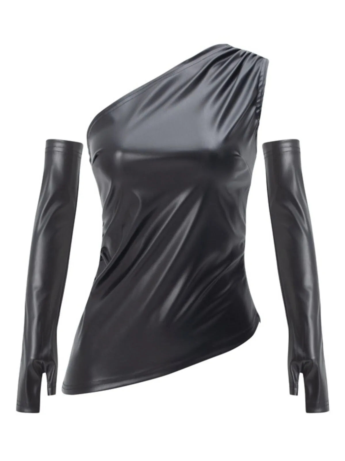 Solid Surplice Cold Shoulder Leather Asymmetrical Tank