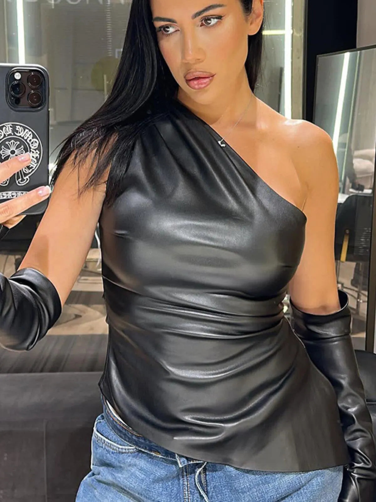 Solid Surplice Cold Shoulder Leather Asymmetrical Tank
