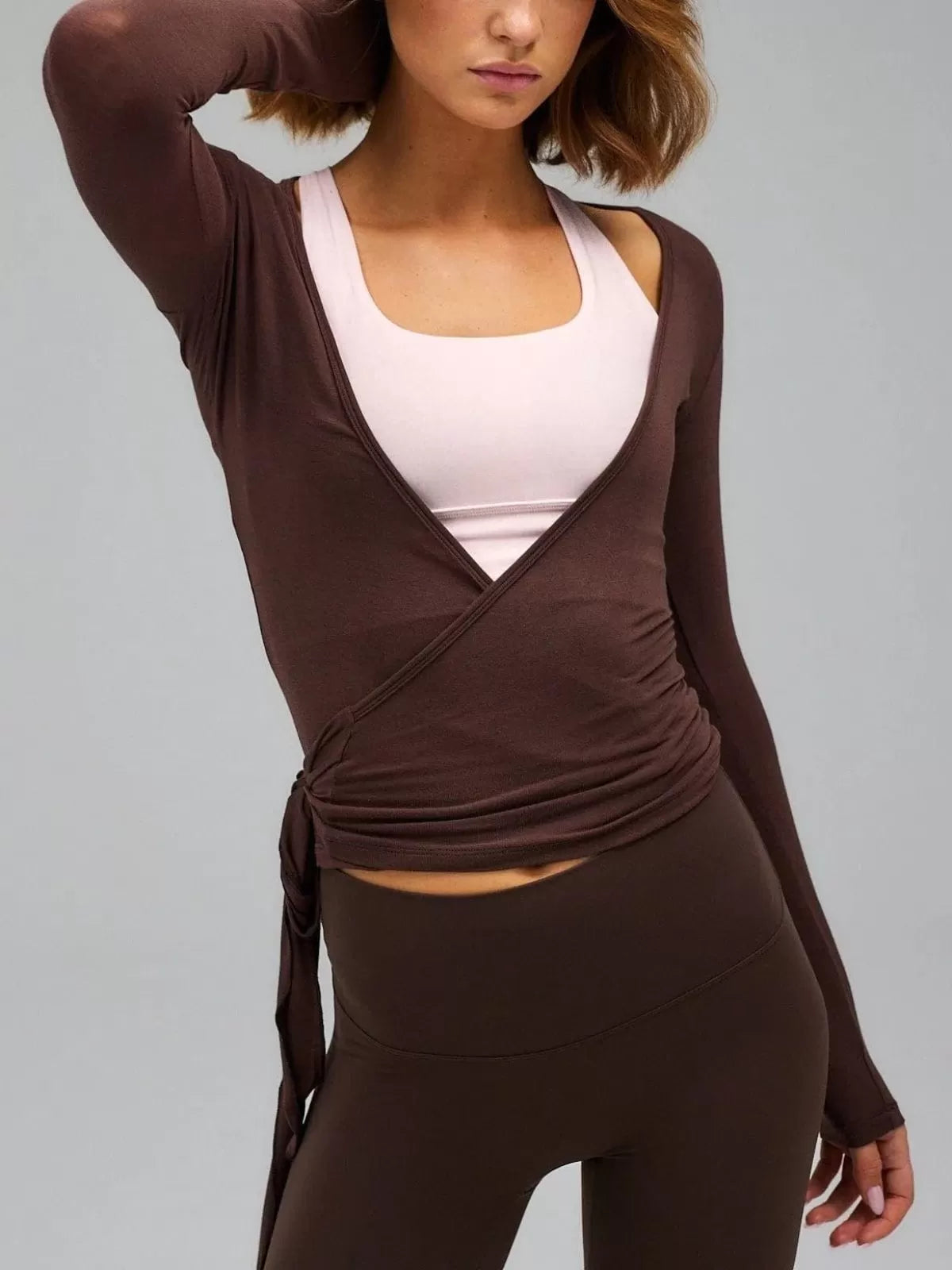 Solid Tie Back Deep V Neck Wrap Fit Blouse for Daily Wear