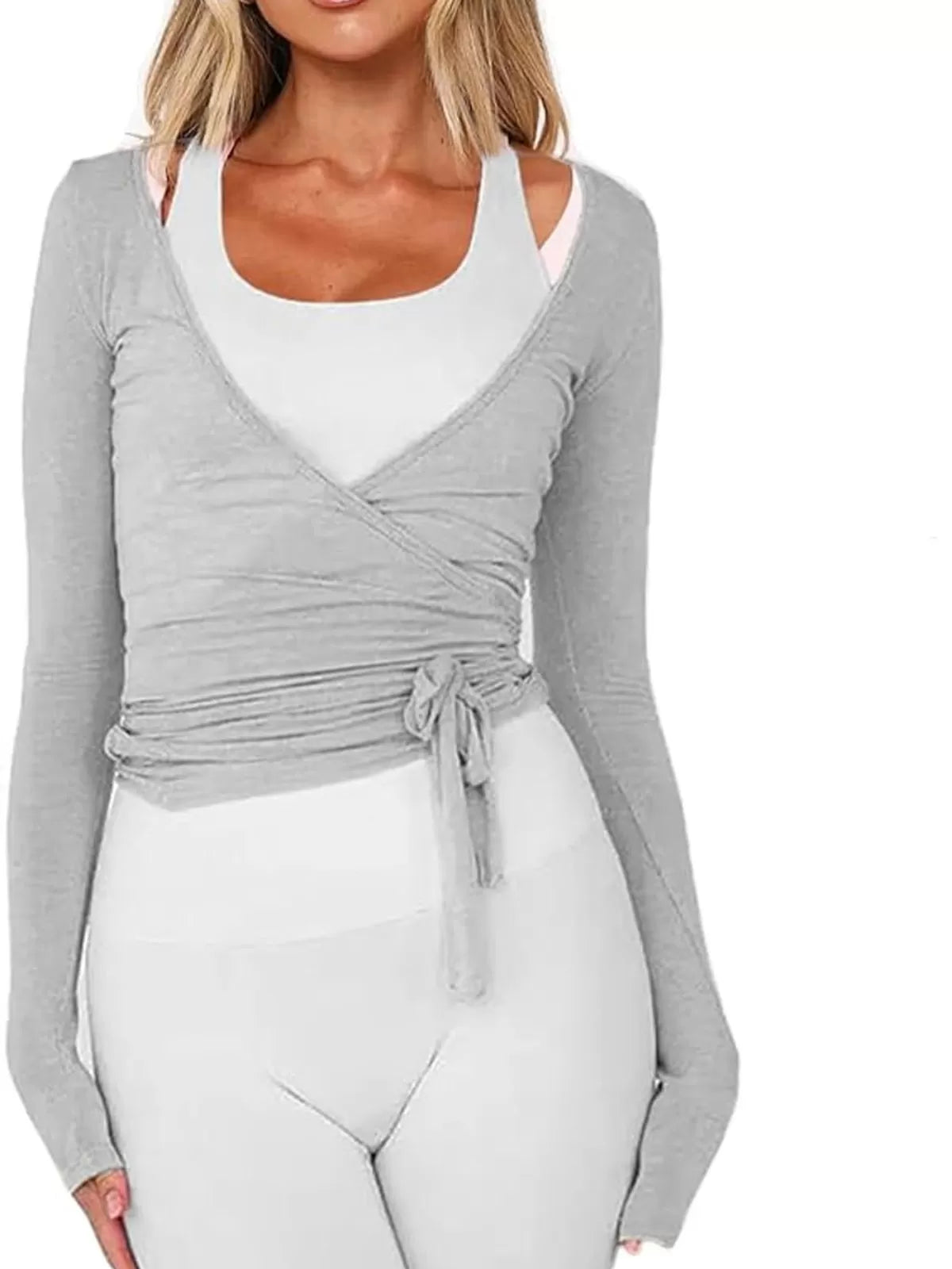 Solid Tie Back Deep V Neck Wrap Fit Blouse for Daily Wear