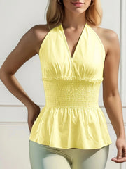 Solid Tie Back Halter Backless Knotted Shirred Peplum Cami