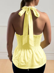 Solid Tie Back Halter Backless Knotted Shirred Peplum Cami