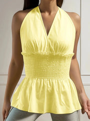 Solid Tie Back Halter Backless Knotted Shirred Peplum Cami
